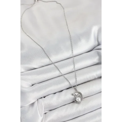 BUĞZ 316L Çelik İnci Detaylı Hilal Tavşan Model Gümüş Renk Kadın Kolye - Lisinya