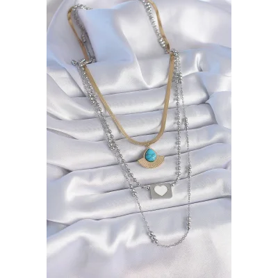 BUĞZ 316L Çelik Mix Renk 3lü Zincir Damla Madalyon Figür Uzun Kadın Kolye - Lisinya