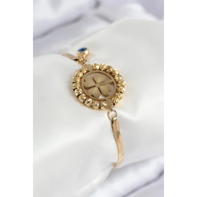 BUĞZ 316L Çelik Nazar Boncuk Detaylı Yonca Model İtalyan Zincir Gold Renk Kadın Bileklik