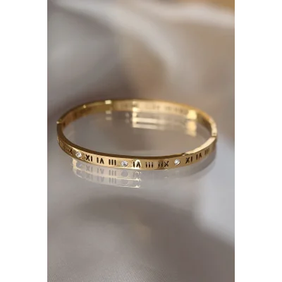 BUĞZ 316L Çelik Roma Rakamlı Gold Renk Bilezik Kelepçe