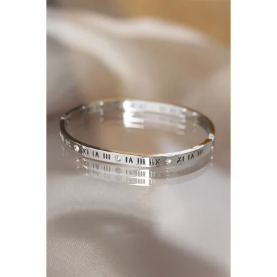 BUĞZ 316L Çelik Roma Rakamlı Silver Renk Bilezik Kelepçe