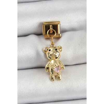 BUĞZ 316L Çelik Sallantılı Zirkon Taşlı Ayıcık Model Gold Renk Nomination Charm