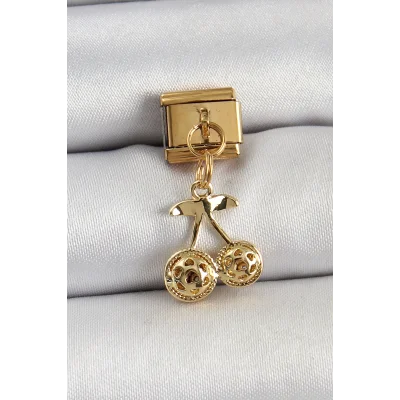 BUĞZ 316L Çelik Sallantılı Zirkon Taşlı Fiyonk Model Gold Renk Nomination C316L Çelik Sallantılı Kiraz Model Gold Renk Nomination Charm