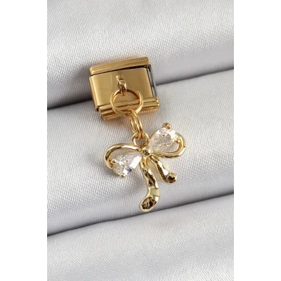 BUĞZ 316L Çelik Sallantılı Zirkon Taşlı Fiyonk Model Gold Renk Nomination Charm