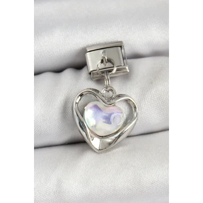 BUĞZ 316L Çelik Sallantılı Zirkon Taşlı Kalp Model Gümüş Renk Nomination Charm