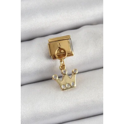 BUĞZ 316L Çelik Sallantılı Zirkon Taşlı Kraliçe Tacı Model Gold Renk Nomination Charm