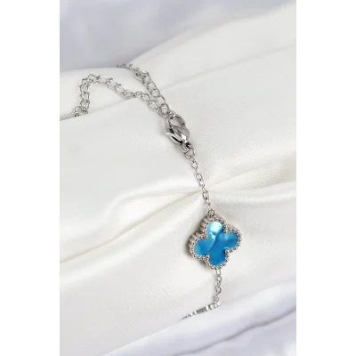 BUĞZ 316L Çelik Sedefli Gökyüzü Mavisi Gümüş Renk Yonca Kadın Bileklik - Lisinya