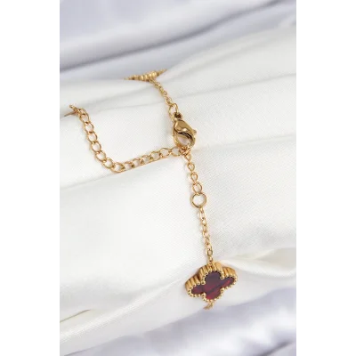 BUĞZ 316L Çelik Sedefli Kırmızı Gold Renk Yonca Kadın Bileklik - Lisinya