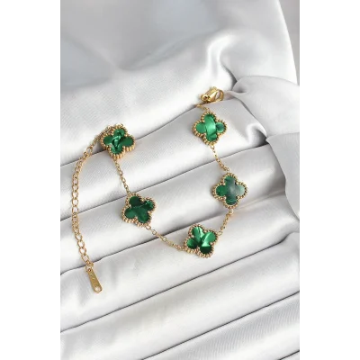 BUĞZ 316L Çelik Sedefli Zümrüt Yeşil Gold Renk Yonca Kadın Bileklik