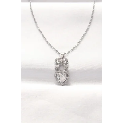 BUĞZ 316L Çelik Silver Renk Zirkon Taşlı Kalpli Fiyonk Kolye