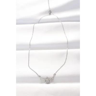 BUĞZ 316L Çelik Silver Renk Zirkon Taşlı Kalpli Kanat Kolye - Lisinya