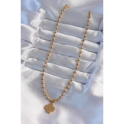 BUĞZ 316L Çelik Top Zincirli Gold Renk İşlemeli Yonca Model Kolye - Lisinya