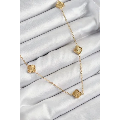 BUĞZ 316L Çelik Yonca Model Gold Renk Kadın Kolye