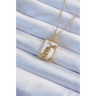 BUĞZ 316L Çelik Zincir Altın Renk Beyaz Mineli Tarot Kolye