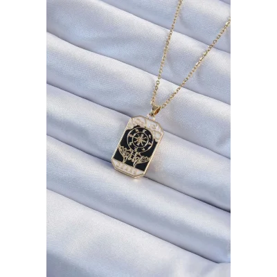 BUĞZ 316L Çelik Zincir Altın Renk İşlemeli Siyah Mineli Tarot Kolye