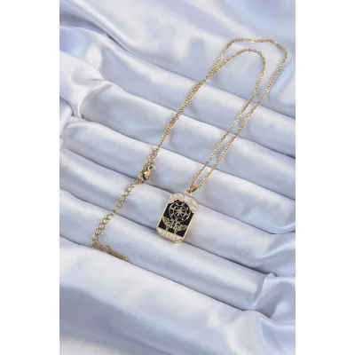 BUĞZ 316L Çelik Zincir Altın Renk İşlemeli Siyah Mineli Tarot Kolye - Lisinya