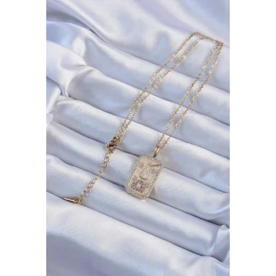 BUĞZ 316L Çelik Zincir Altın Renk Lila Zirkon Taşlı Tarot Kolye - Lisinya