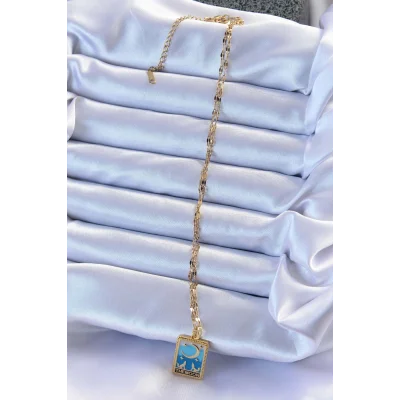 BUĞZ 316L Çelik Zincir Altın Renk Mavi Mineli Ay Figür Tarot Kolye - Lisinya