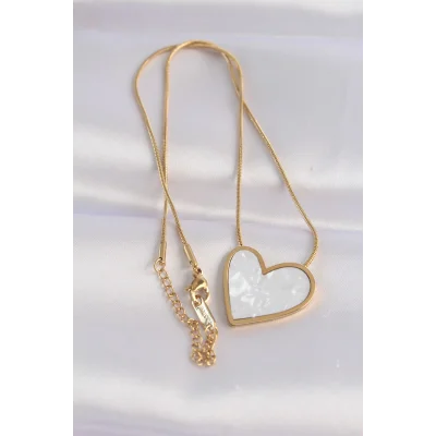 BUĞZ 316L Çelik Zincir Altın Renk Mermer Desenli Kalp Kolye - Lisinya