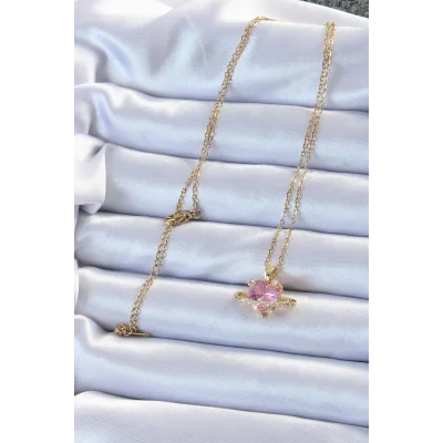 BUĞZ 316L Çelik Zincir Altın Renk Pembe Zirkon Taşlı Satürn Görünümlü Kalp Kolye - Lisinya