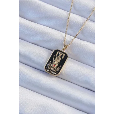 BUĞZ 316L Çelik Zincir Altın Renk Siyah Mineli Tarot Kolye