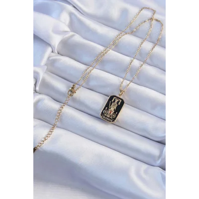 BUĞZ 316L Çelik Zincir Altın Renk Siyah Mineli Tarot Kolye - Lisinya