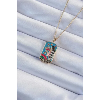BUĞZ 316L Çelik Zincir Altın Renk Taç ve Kız Figürlü Renkli Mineli Tarot Kolye