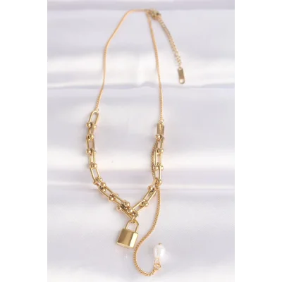 BUĞZ 316L Çelik Zincir Altın Renk Zincirli Love Yazılı Kilit Kolye - Lisinya