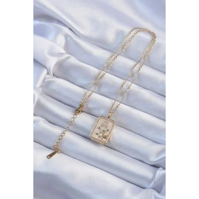 BUĞZ 316L Çelik Zincir Altın Renk Zirkon Taşlı Aslan Figürlü Tarot Kolye - Lisinya