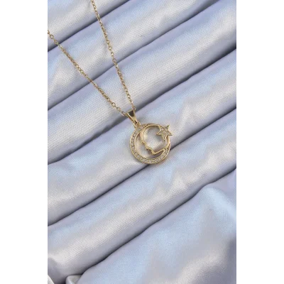 BUĞZ 316L Çelik Zincir Altın Renk Zirkon Taşlı Ay Yıldız Simgeli Atatürk Kolye