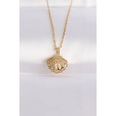 BUĞZ 316L Çelik Zincir Altın Renk Zirkon Taşlı İnci Detay İstiridye Kolye