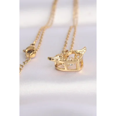 BUĞZ 316L Çelik Zincir Altın Renk Zirkon Taşlı Kanatlı Kalp Kolye - Lisinya