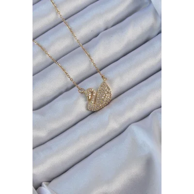 BUĞZ 316L Çelik Zincir Altın Renk Zirkon Taşlı Kuğu Kolye