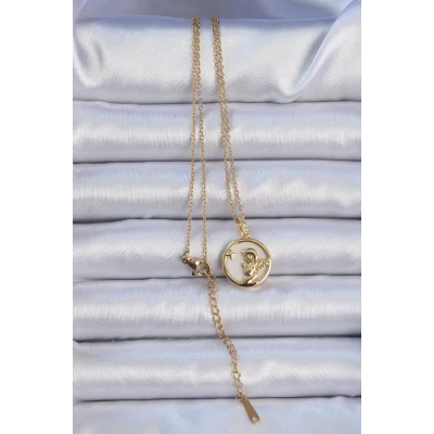 BUĞZ 316L Çelik Zincir Altın Renk Zirkon Taşlı Mineli Melek Kolye - Lisinya