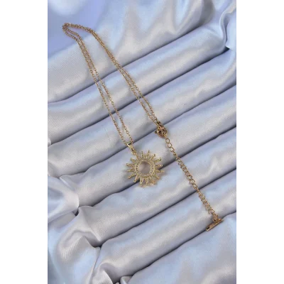 BUĞZ 316L Çelik Zincir Altın Renk Zirkon Taşlı Parlayan Güneş Kolye - Lisinya