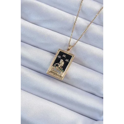 BUĞZ 316L Çelik Zincir Altın Renk Zirkon Taşlı Siyah Mineli Kız Figürlü Tarot Kolye