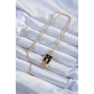 BUĞZ 316L Çelik Zincir Altın Renk Zirkon Taşlı Siyah Mineli Kız Figürlü Tarot Kolye - Lisinya