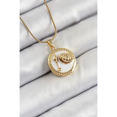 BUĞZ 316L Çelik Zincir Beyaz Mineli Sanatsal Portre İstiridye Model Gold Renk Kadın Kolye