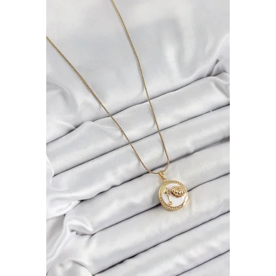 BUĞZ 316L Çelik Zincir Beyaz Mineli Sanatsal Portre İstiridye Model Gold Renk Kadın Kolye - BUĞZ