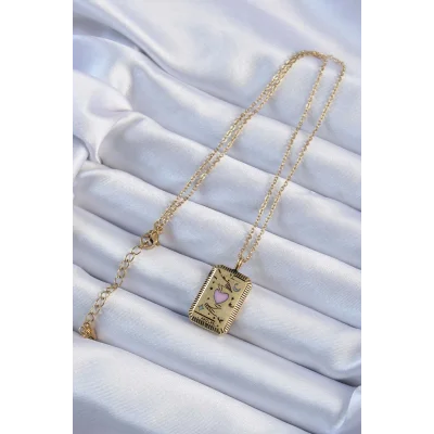 BUĞZ 316L Çelik Zincir Eskitme Altın Renk Pembe Mineli Kalp Figürlü Tarot Kolye - Lisinya