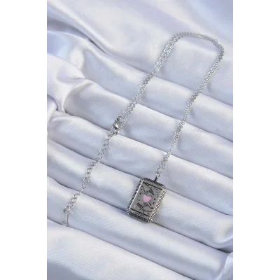 BUĞZ 316L Çelik Zincir Eskitme Gümüş Renk Pembe Mineli Kalp Figürlü Tarot Kolye - Lisinya