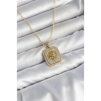 BUĞZ 316L Çelik Zincir Gold Aslan Madalyon Model Zirkon Taşlı Kadın Kolye