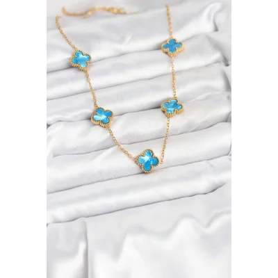 BUĞZ 316L Çelik Zincir Gold Buz Mavisi Renk Yonca Kolye - Lisinya