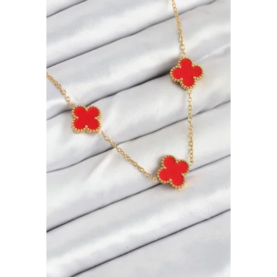 BUĞZ 316L Çelik Zincir Gold Kırmızı Renk Yonca Kadın Kolye