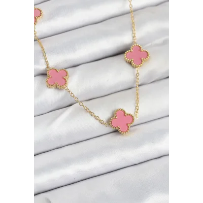 BUĞZ 316L Çelik Zincir Gold Pembe Renk Yonca Kadın Kolye