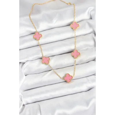 BUĞZ 316L Çelik Zincir Gold Pembe Renk Yonca Kadın Kolye - Lisinya