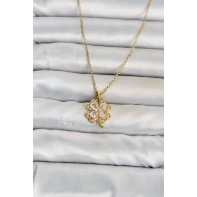BUĞZ 316L Çelik Zincir Gold Renk 4 Yapraklı Yonca Model Kadın Kolye
