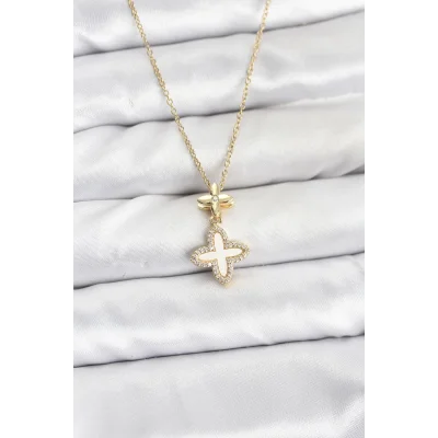 BUĞZ 316L Çelik Zincir Gold Renk 4 Yapraklı Yonca Model Zirkon Taşlı Kadın Kolye
