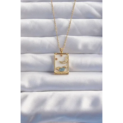 BUĞZ 316L Çelik Zincir Gold Renk Ay Detay Mavi Zirkon Taşlı Tarot Kolye