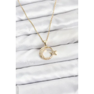 BUĞZ 316L Çelik Zincir Gold Renk Ay Yıldız Model Zirkon Taşlı Kadın Kolye